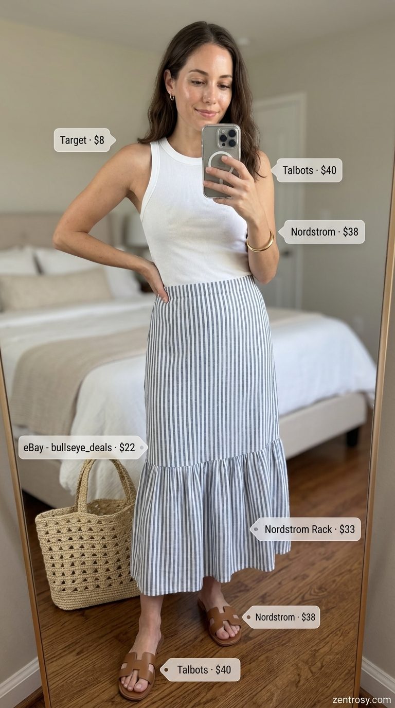 Cute summer outfits for women 2026: Sky blue midi skirt with white tank top and straw tote for a coastal look.