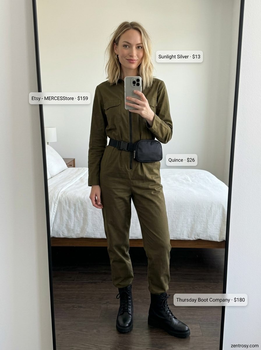Cute summer outfits for women 2026: Olive green utility jumpsuit with combat boots and belt bag for weekend adventures.