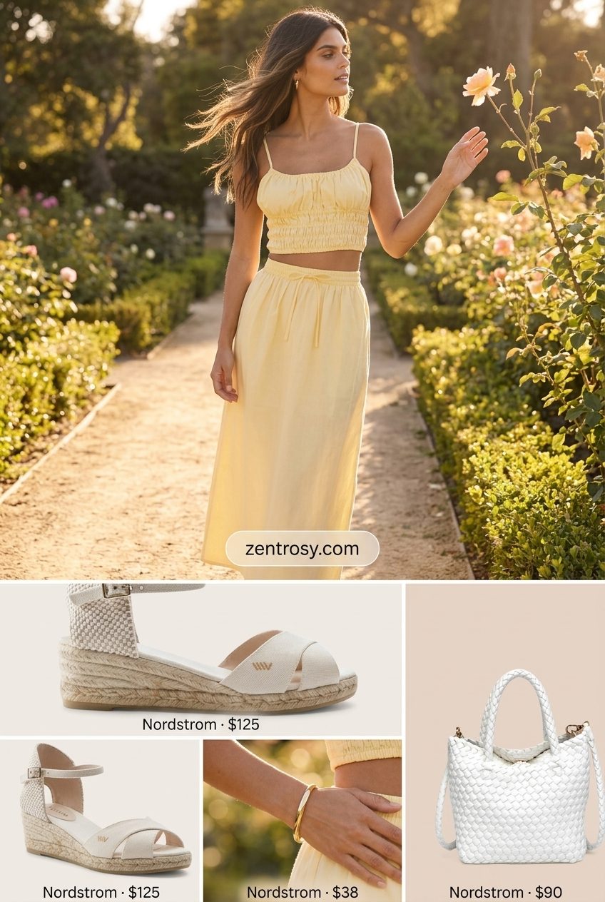 Cute summer outfits for women 2026: Yellow cotton matching set with espadrille wedges for a garden party.