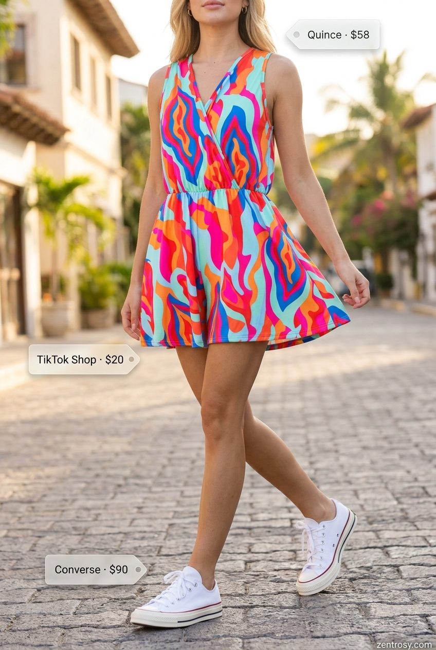 Cute summer outfits for women 2026: Multi-color abstract print romper, white sneakers, tan crossbody bag.