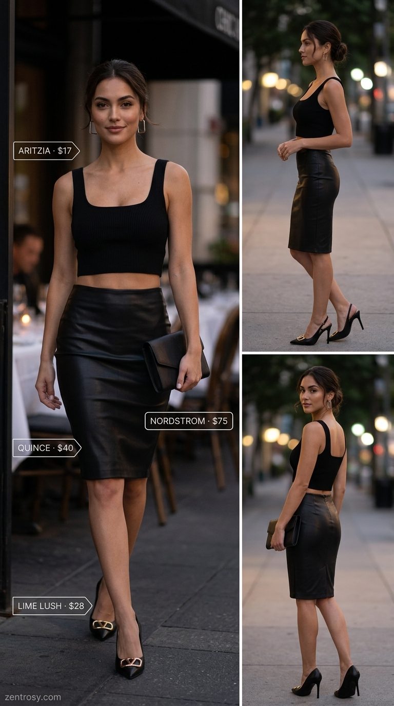 Cute summer outfits for women 2026: Black pencil skirt, white crop top, black stiletto heels for evening.