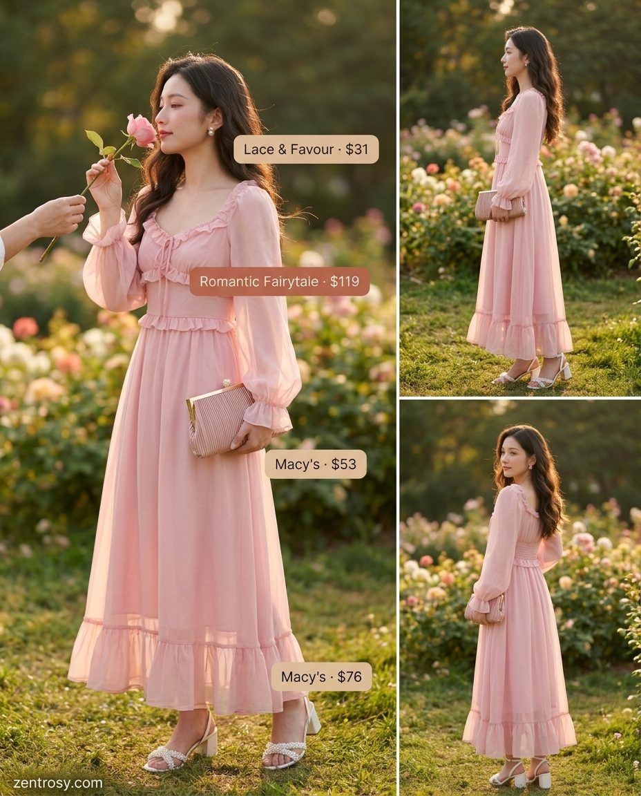 Cute summer outfits for women 2026: Blush pink maxi dress, ivory heels, rose gold clutch for evening events.