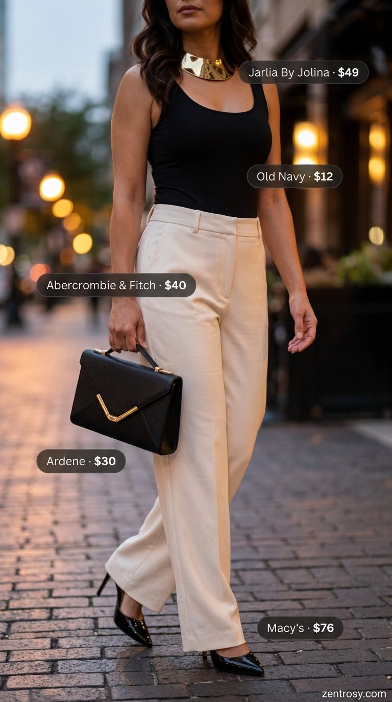 Cute summer outfits for women 2026: Cream tailored trousers, black bodysuit, black stiletto heels for evening.