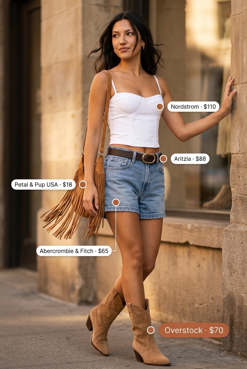 Cute summer outfits for women 2026: Denim shorts, cream corset top, cowboy boots for festivals.