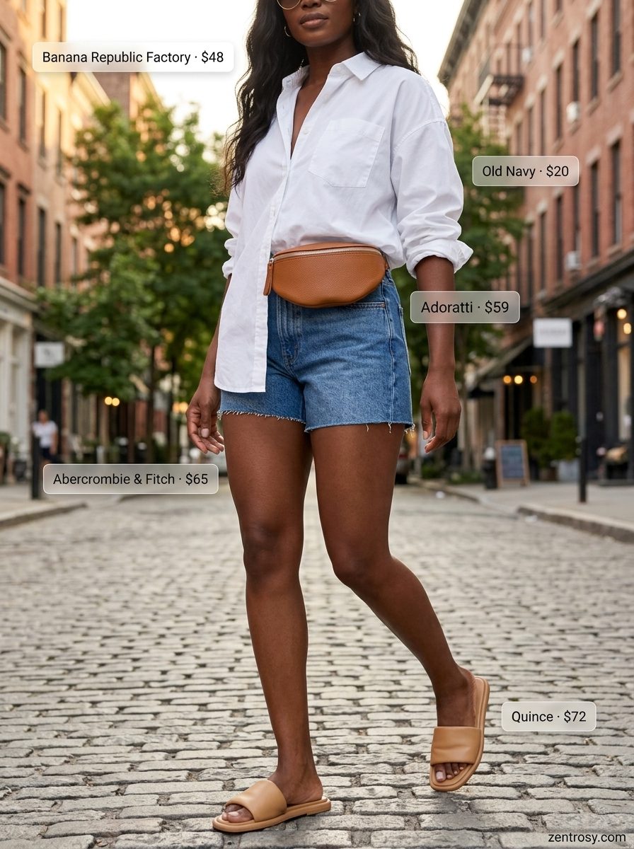 Cute summer outfits for women 2026: Denim shorts, white oversized shirt, tan leather slides for city exploration.