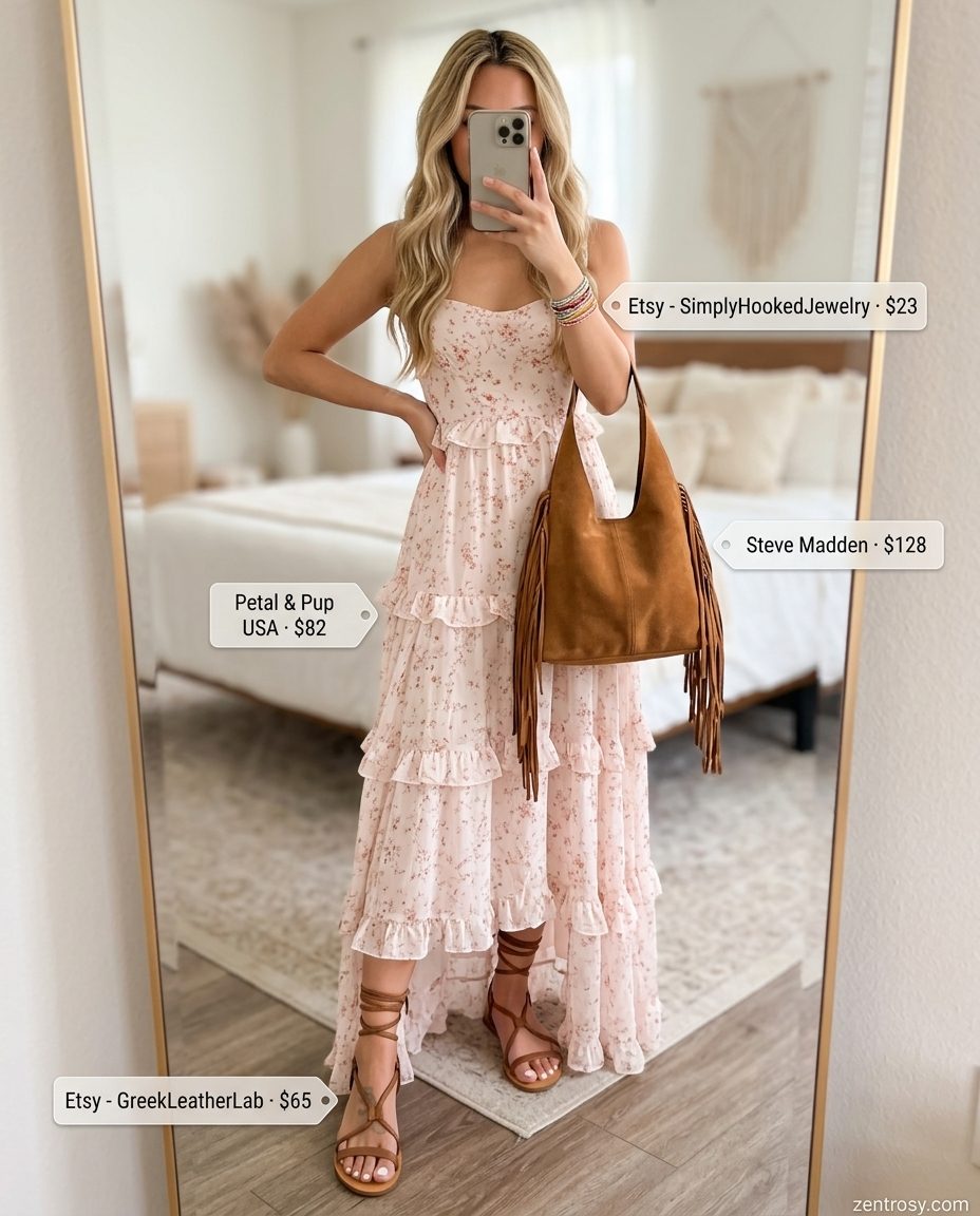 Cute summer outfits for women 2026: Floral maxi dress, brown gladiator sandals, tan fringe bag for festivals.