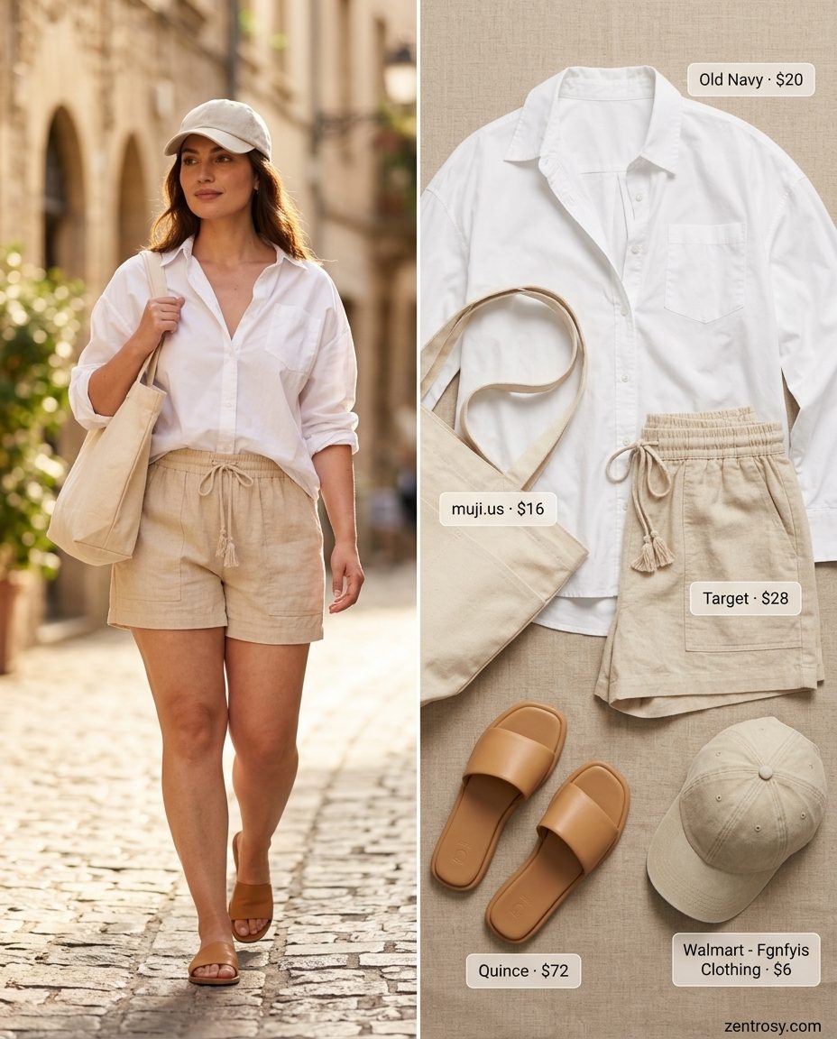Cute summer outfits for women 2026: Beige linen shorts, white oversized shirt, leather slides for beach day.