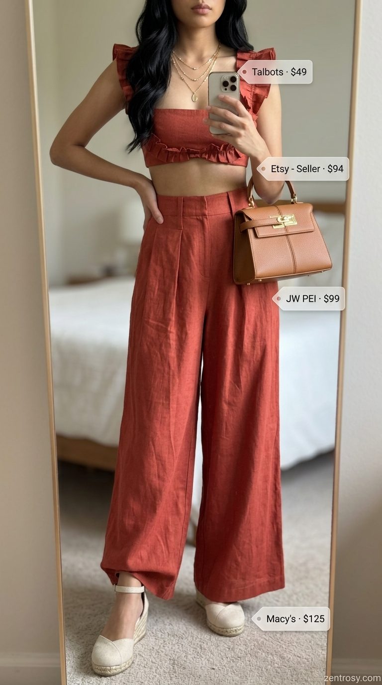 Cute summer outfits for women 2026: Terracotta linen set, espadrille wedges, woven top-handle bag.