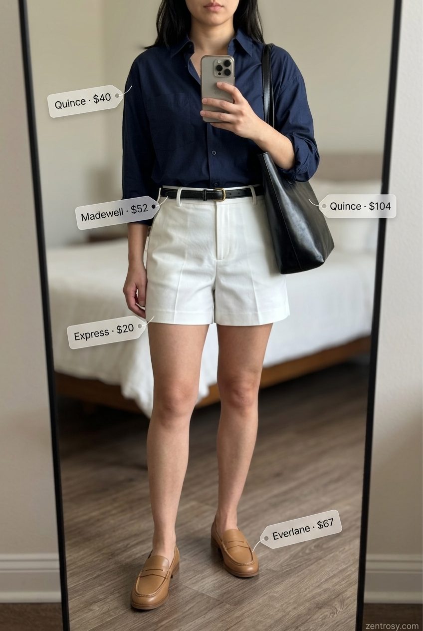 Cute summer outfits for women 2026: White Bermuda shorts, navy oversized shirt, tan loafers for city exploration.