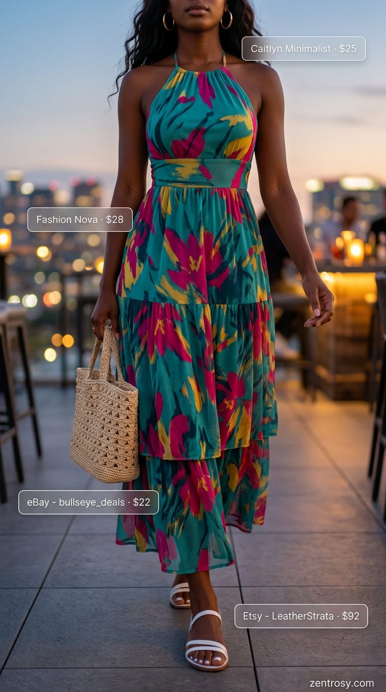 Cute summer party outfit for women 2026: Abstract print maxi dress, white sandals, straw tote & gold hoops.