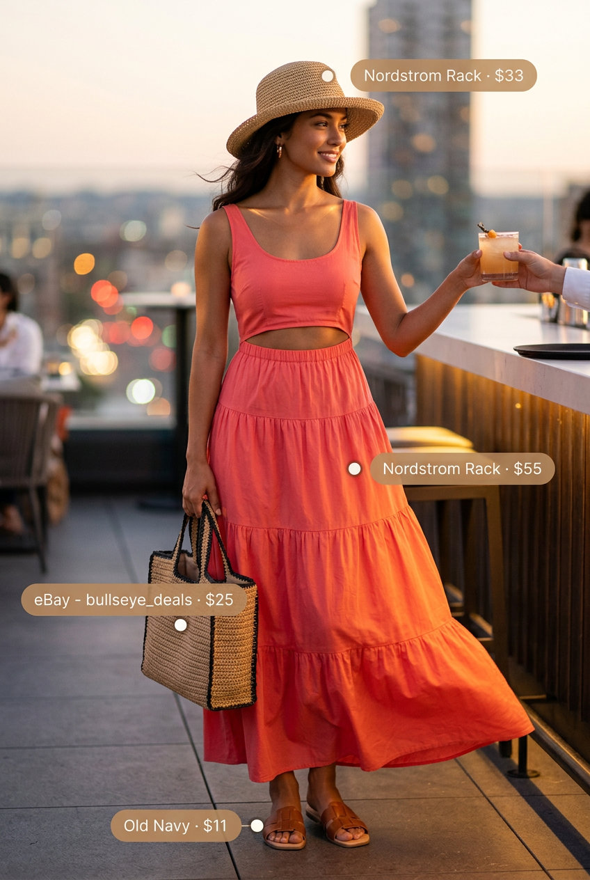Cute summer party outfit for women 2026: Coral tiered maxi dress, straw hat, flat sandals, and oversized straw tote for a beach bonfire.