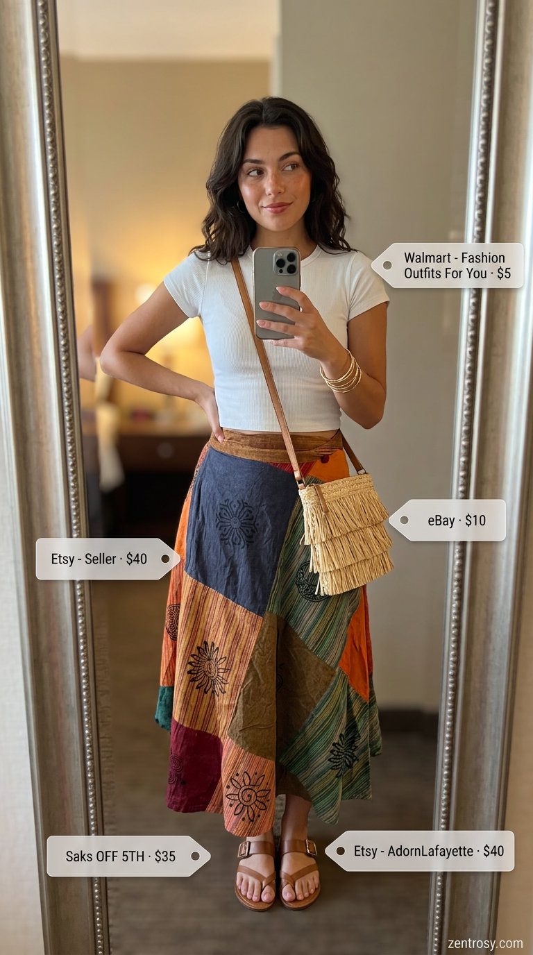 Cute summer party outfit for women 2026: Abstract print midi skirt, white crop top, tan sandals, straw bag, and bangles.