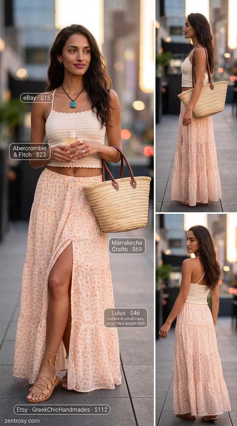 Cute summer party outfit for women 2026: Cream floral maxi skirt, crochet tank, beaded sandals, and tote bag for a boho beach bash.