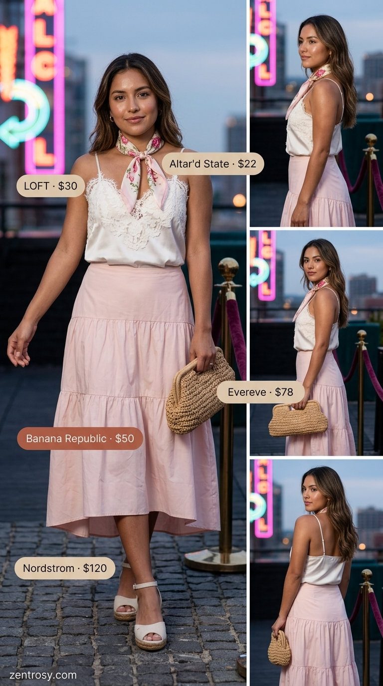Cute summer party outfit for women 2026: Blush pink tiered skirt, cream camisole, raffia clutch, espadrilles, and floral scarf.