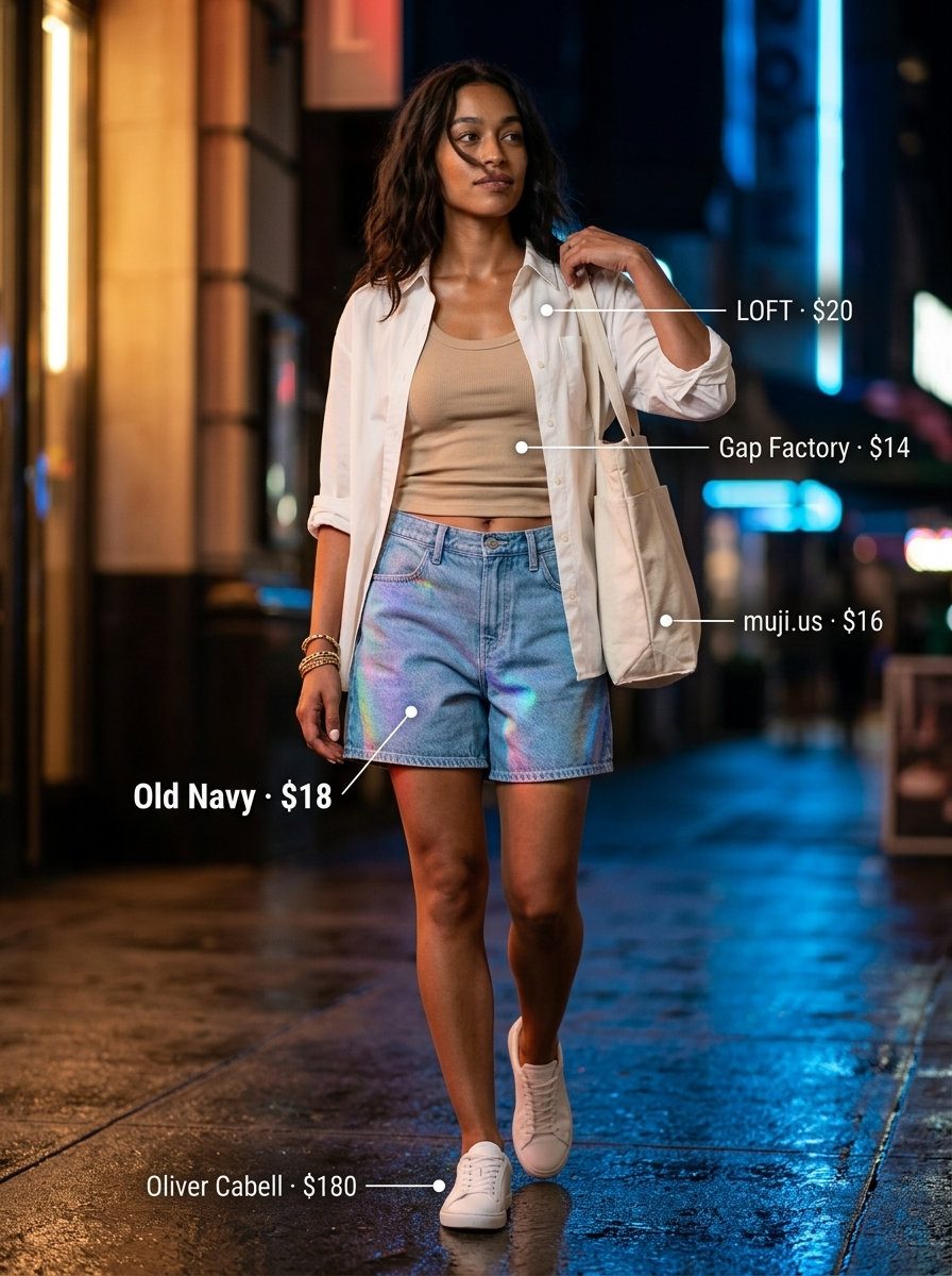 Cute summer party outfit for women 2026: Denim shorts, white oversized shirt, beige tank, tote bag & sneakers.
