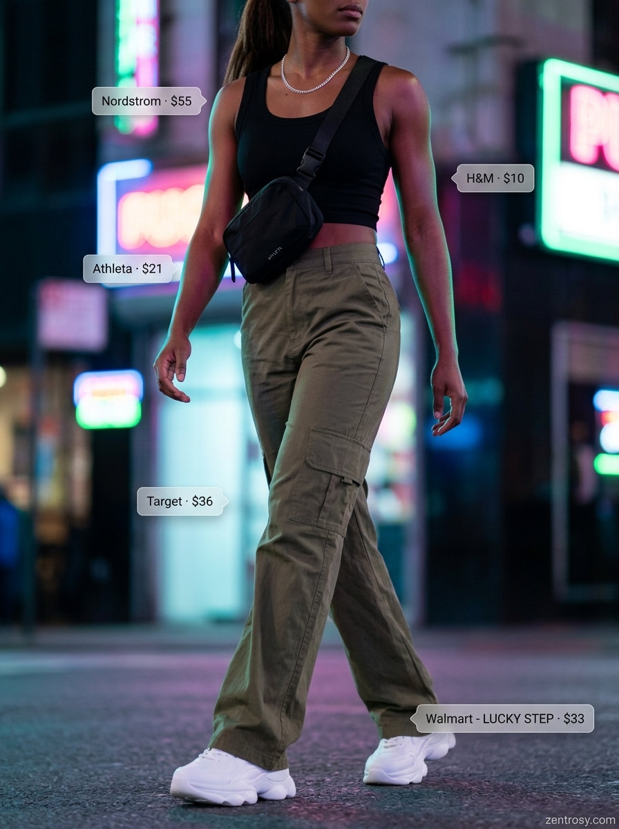 Cute summer party outfit for women 2026: Khaki cargo pants, black cropped tank, belt bag & chunky sneakers.