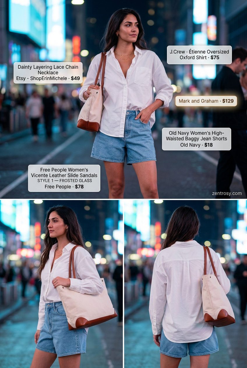 Cute summer party outfit for women 2026: Denim shorts, oversized white shirt, tan slides, canvas tote, and layered necklaces.