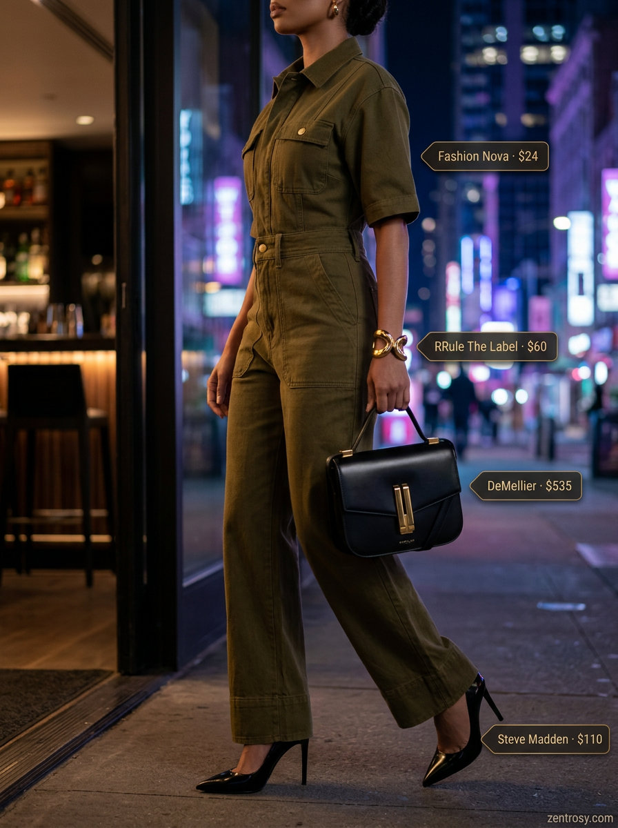 Cute summer party outfit for women 2026: Olive green utility jumpsuit, black heels, gold cuff bracelet, and black crossbody for a city soiree.
