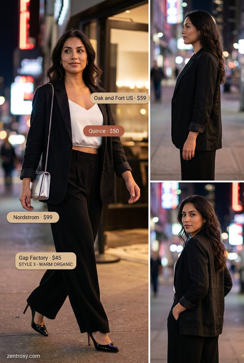 Cute summer party outfit for women 2026: Black wide-leg trousers, ivory satin camisole, oversized blazer, and metallic heels for a city soiree.