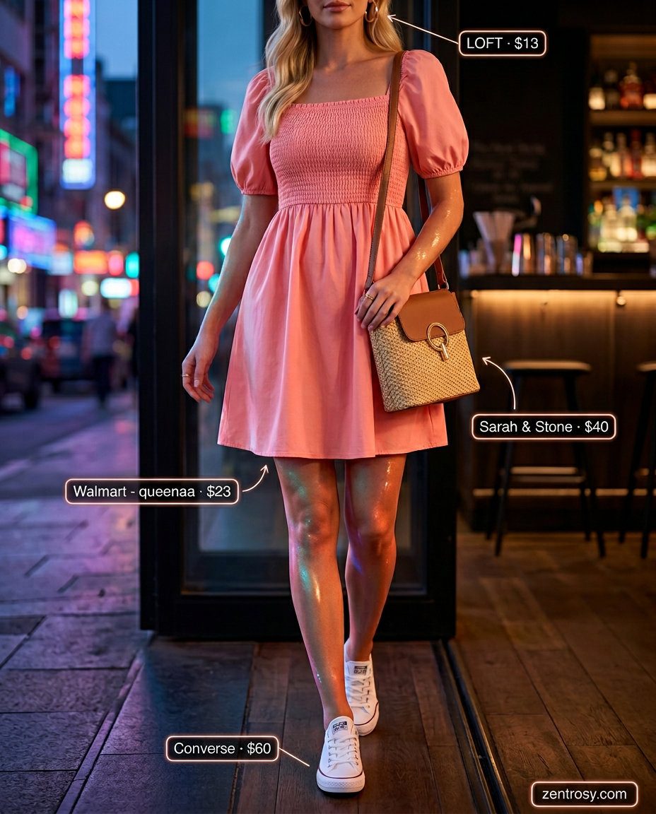 Cute summer party outfit for women 2026: Coral pink mini dress, white sneakers, straw crossbody & gold earrings.