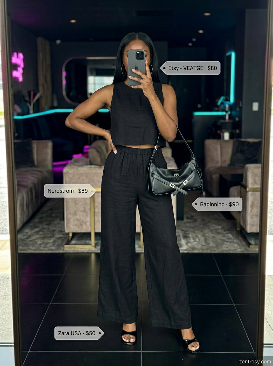 Cute summer party outfit for women 2026: Black wide-leg pants set, cropped top, strappy heels, silver earrings, and shoulder bag.