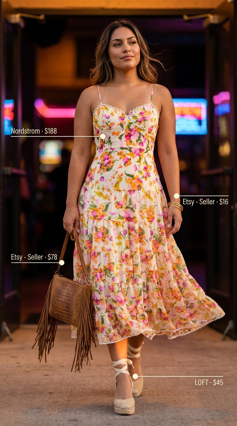 Cute summer party outfit for women 2026: Multicolor floral maxi dress, espadrille wedges, fringe bag & bangles.