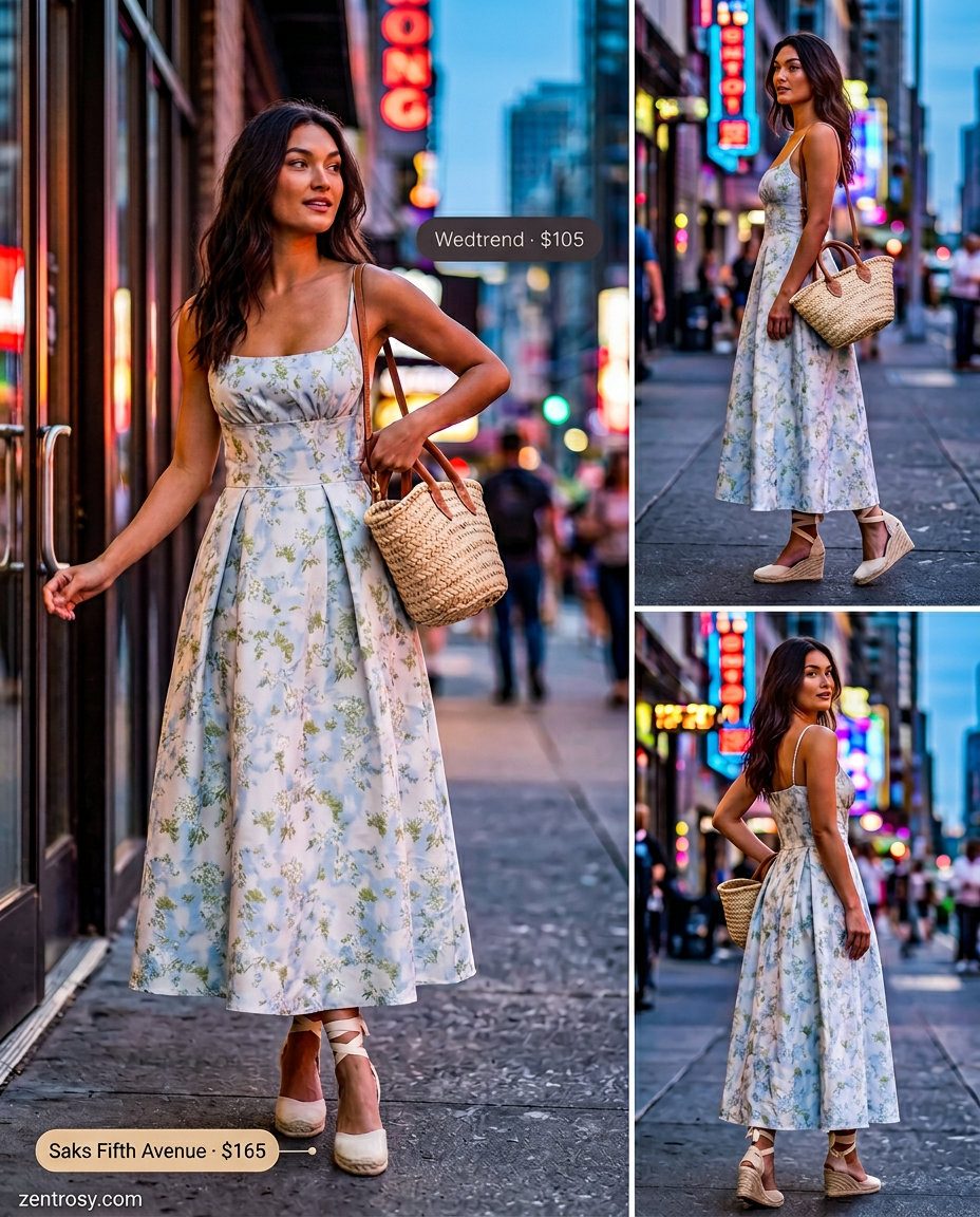 Cute summer party outfit for women 2026: Pastel blue floral midi dress, straw hat, espadrille wedges, and woven basket bag for a garden party.