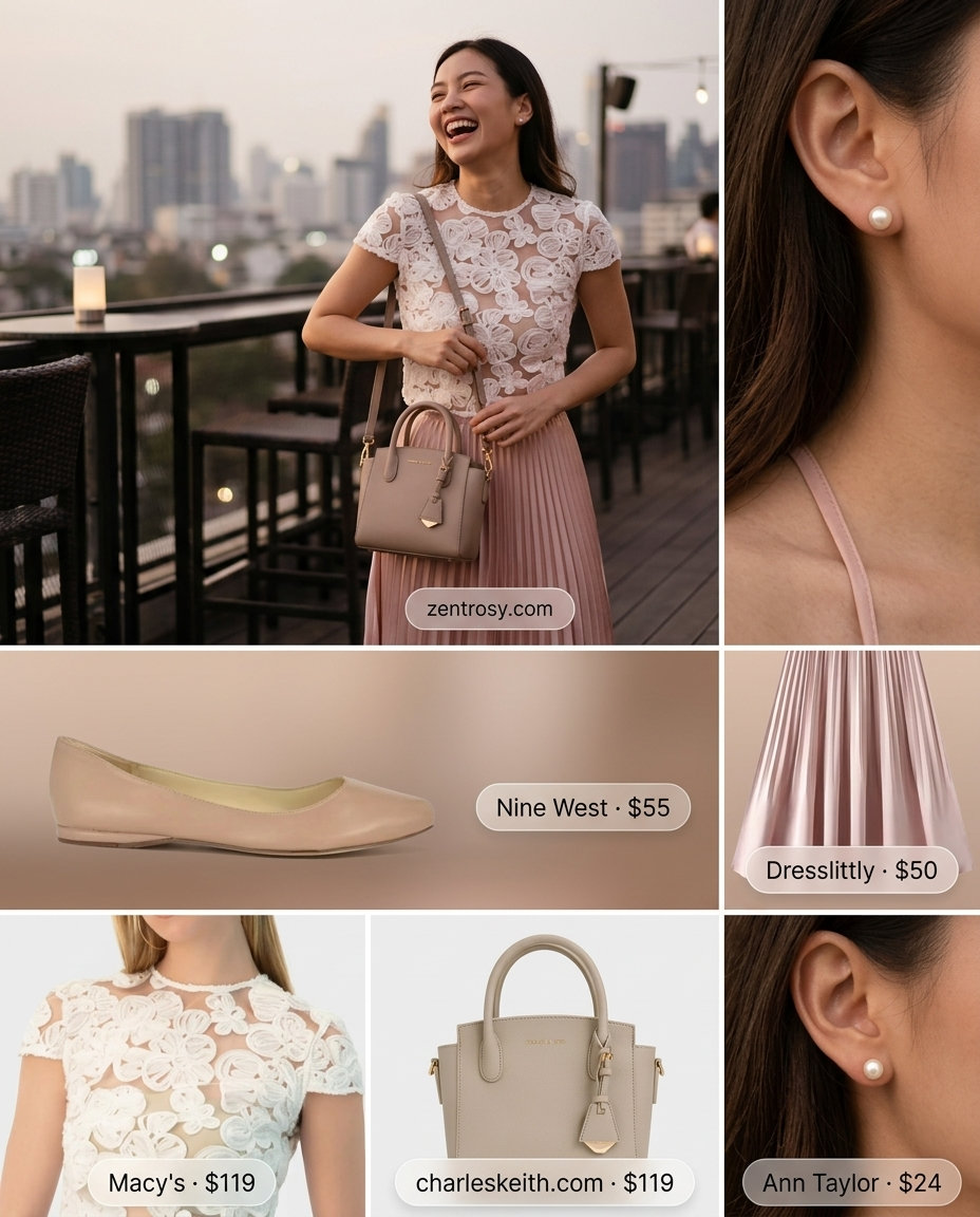Cute summer party outfit for women 2026: Blush pink pleated skirt, off-white embroidered blouse, ballet flats, and top-handle bag for garden romance.