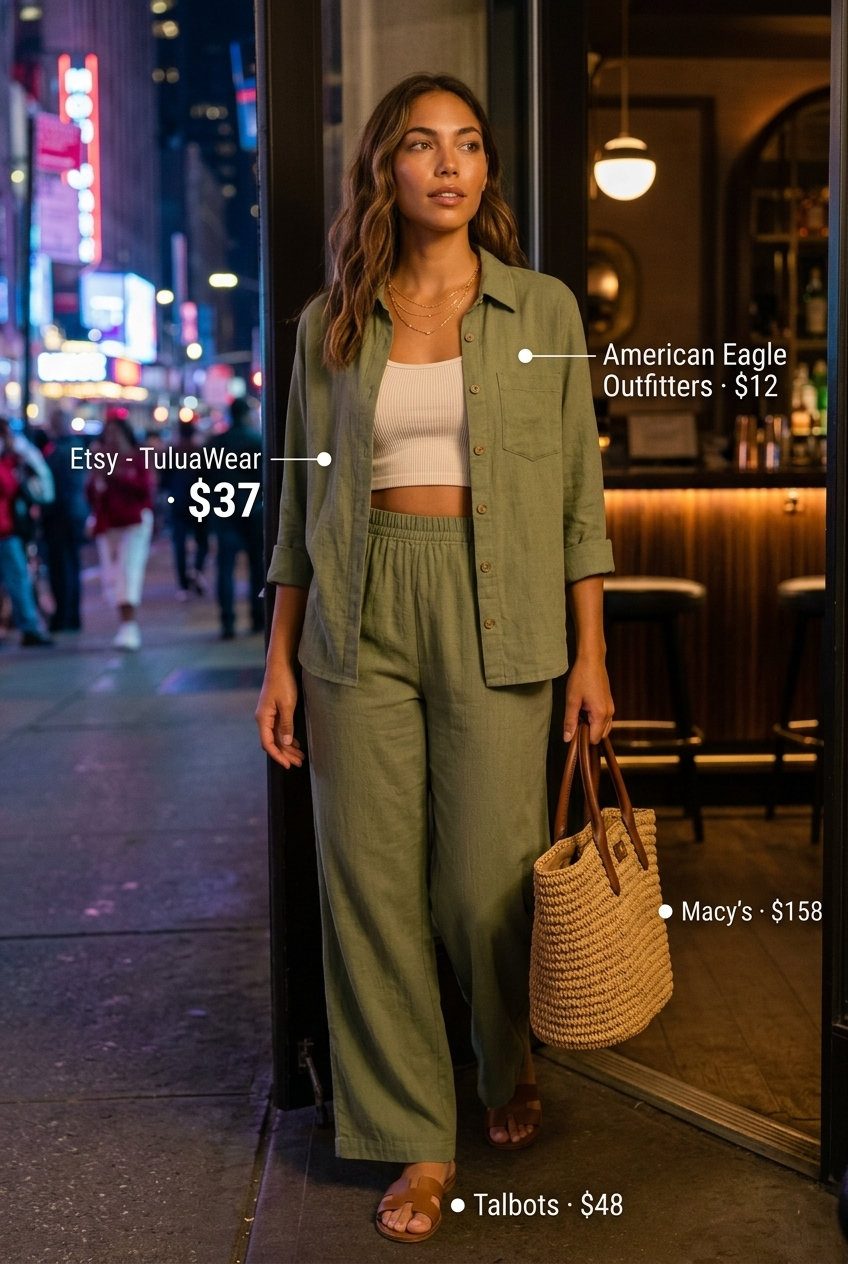 Cute summer party outfit for women 2026: Olive linen set, cream tank, straw tote, leather slides & gold necklaces.