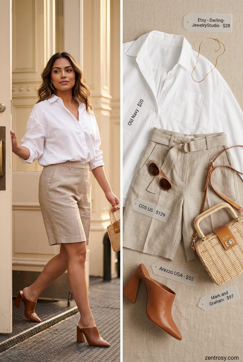 Cute summer party outfit for women 2026: Beige linen shorts, white oversized shirt, straw bag, gold necklace, and leather mules.