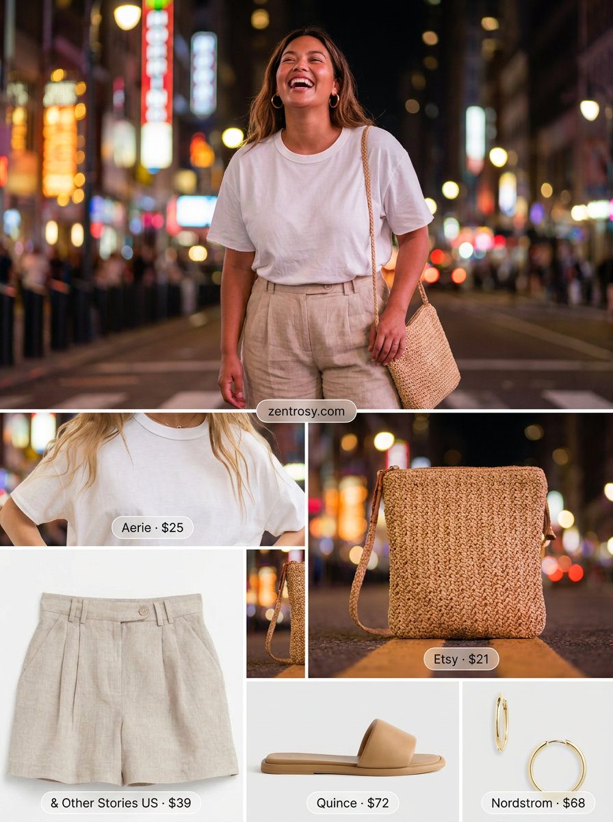 Cute summer party outfit for women 2026: Beige linen shorts, white t-shirt, gold hoops, leather sandals, and woven crossbody for a casual day.