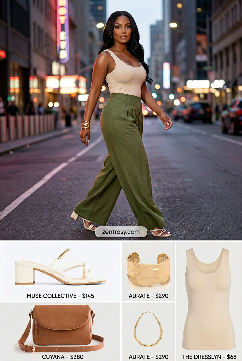 Cute summer party outfit for women 2026: Olive green matching linen set, cream mules, gold bracelet, and tan crossbody bag.