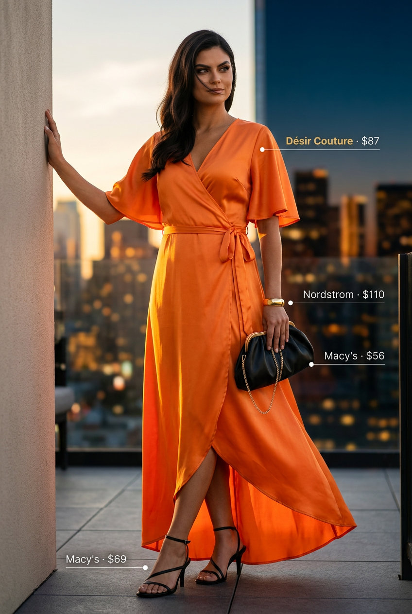 Cute summer party outfit for women 2026: Mango orange wrap dress, black heels, gold cuff & geometric clutch.