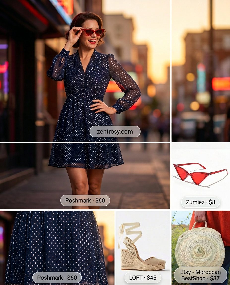 Cute summer party outfit for women 2026: Navy polka dot dress, straw bag, cat-eye sunglasses, and espadrille wedges.