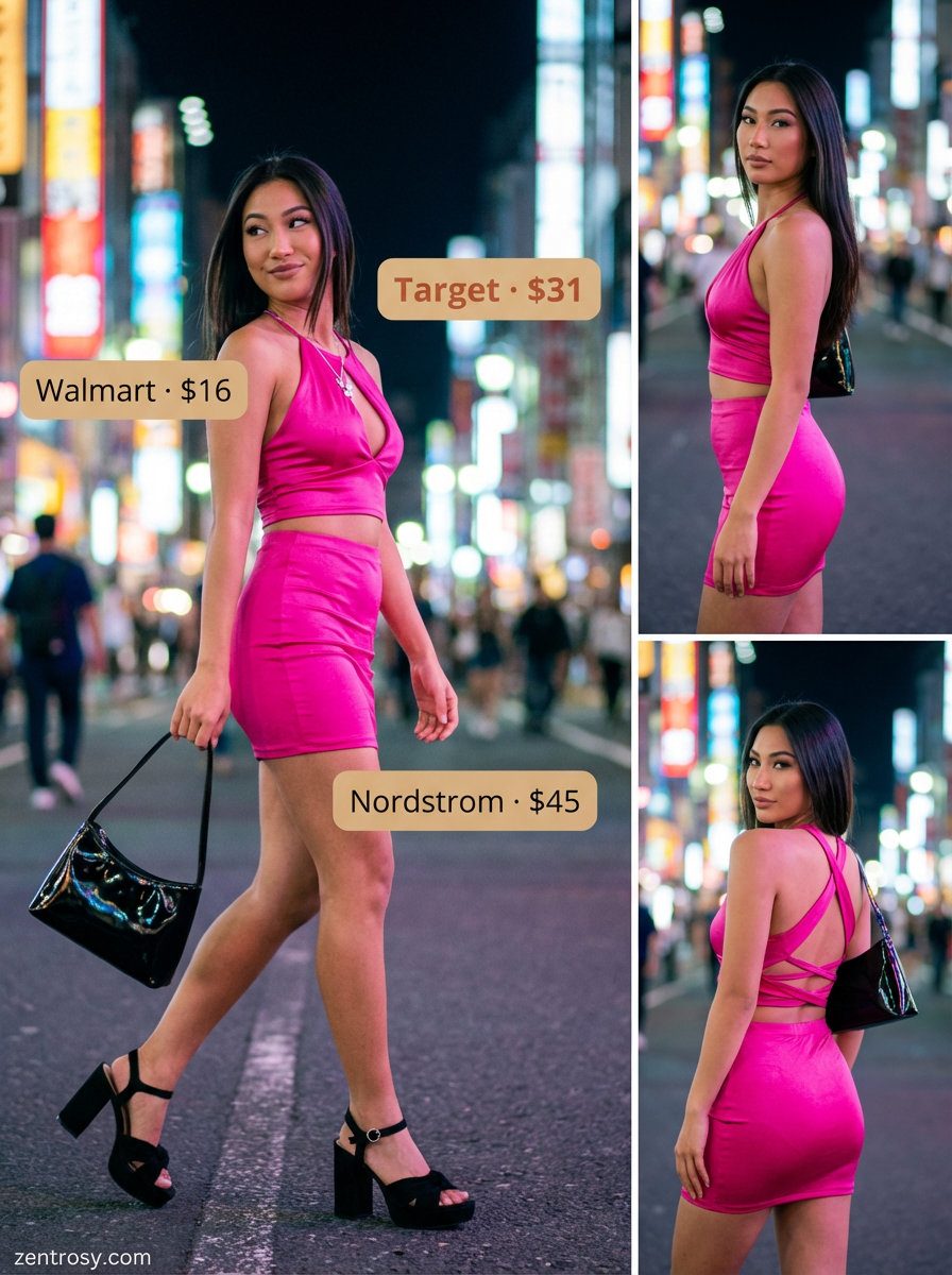 Cute summer party outfit for women 2026: Hot pink Y2K two-piece set, black baguette bag, silver necklace, and platform sandals.
