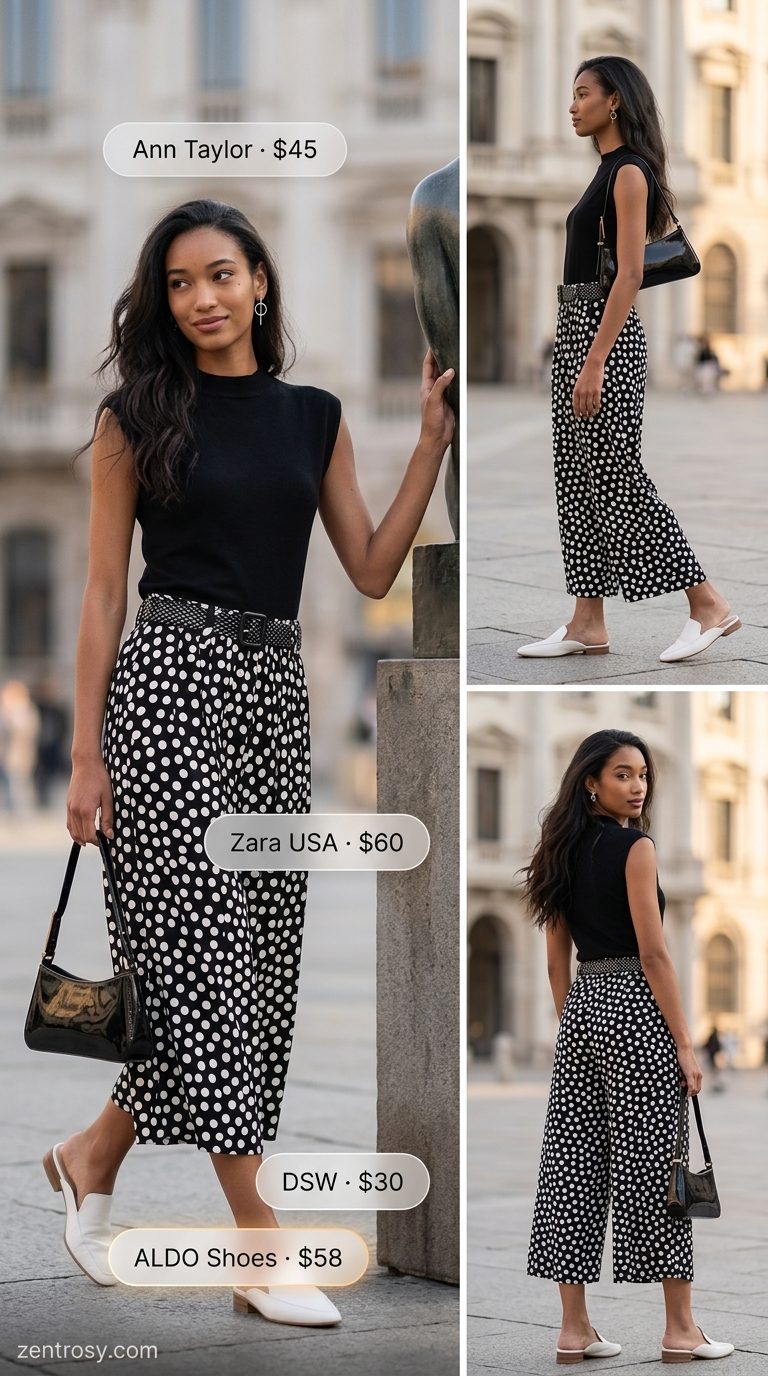 Cute Summer Polka Dots Outfits 2026: Gallery Pants Style Cute summer polka dots outfit for women 2026: Black polka dot pants, white mock neck top, mules, and mini bag for gallery visit.