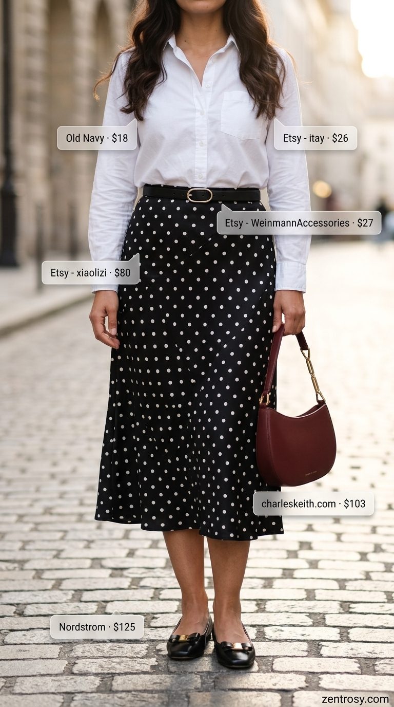 Cute Summer Polka Dots Outfits 2026: Parisian Skirt Cute summer polka dots outfits for women 2026: Black polka dot midi skirt with white button-down for Parisian style.