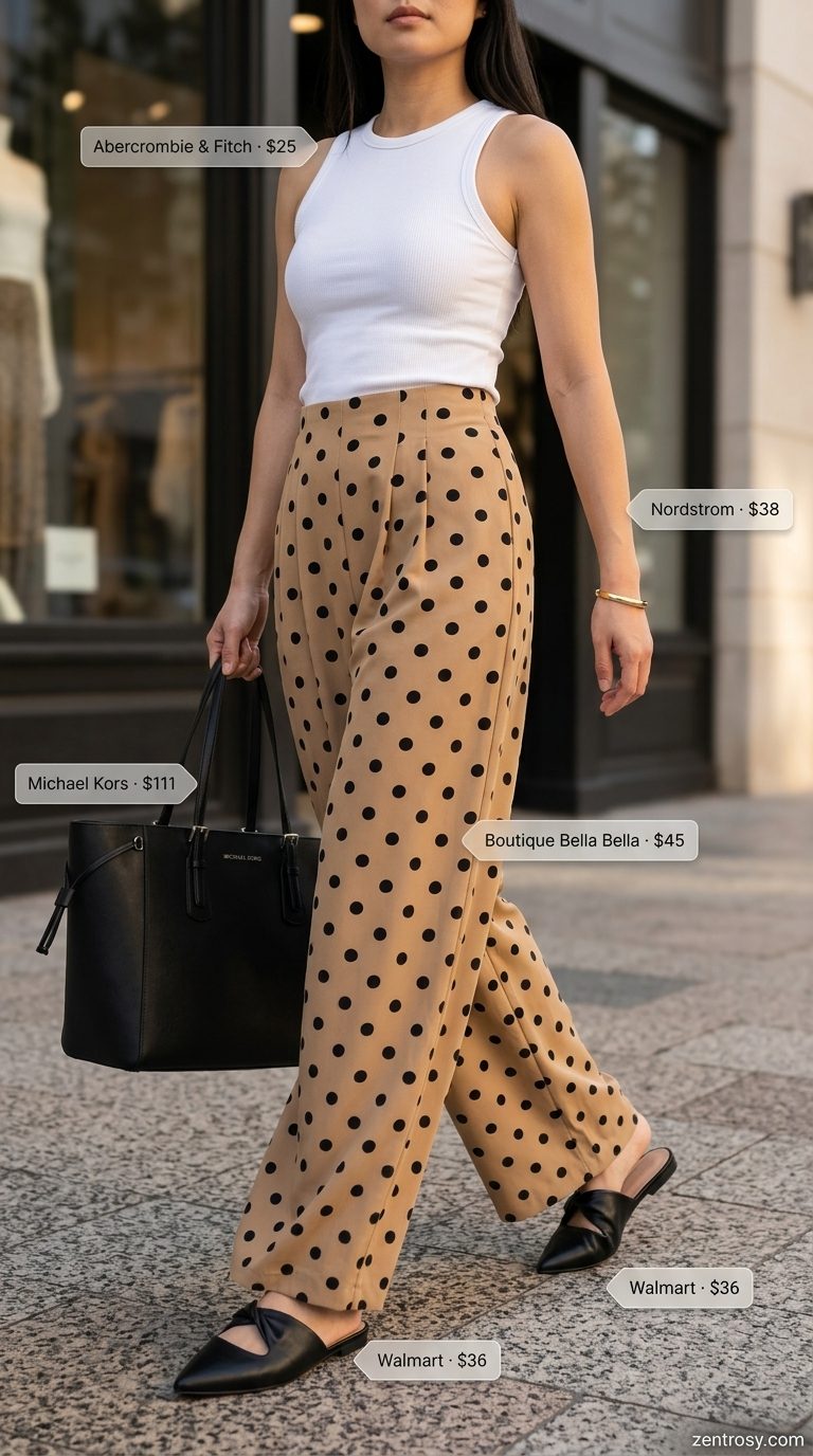 Cute Summer Polka Dots Outfits 2026: Workday Trousers Cute summer polka dots outfits for women 2026: Camel polka dot trousers with knit tank for casual workday.