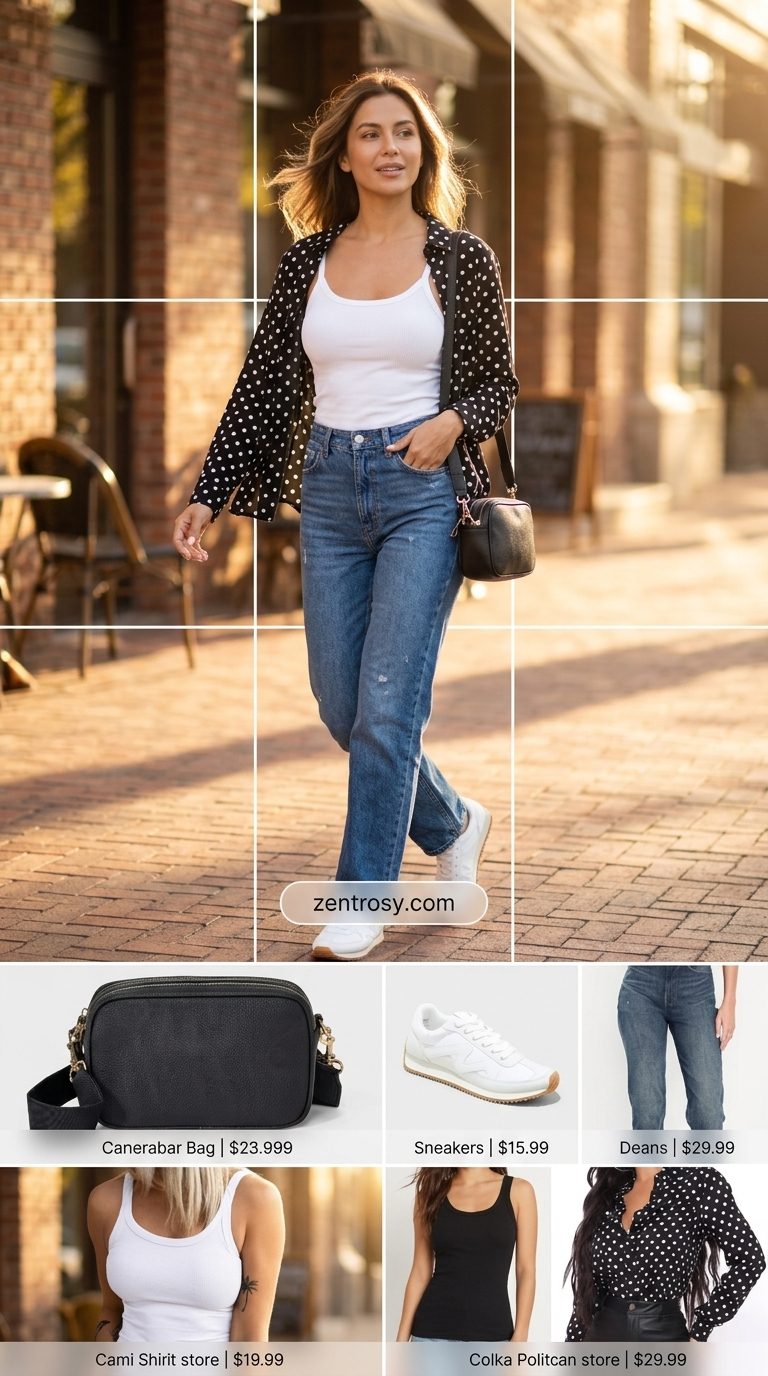 Cute Summer Polka Dots Outfits 2026: Coffee Date Shirt Cute summer polka dots outfits for women 2026: White polka dot button-down shirt with jeans for a coffee date.
