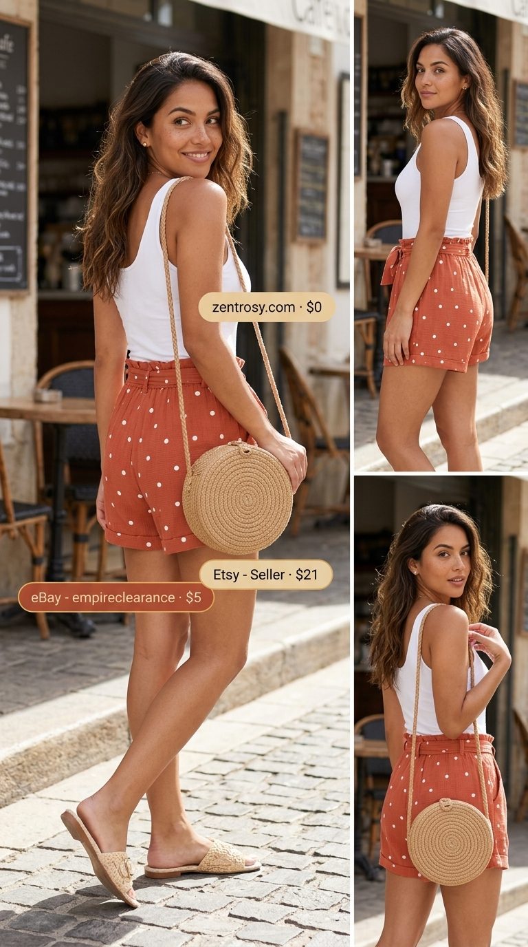 Cute Summer Polka Dots Outfits 2026: Beach Brunch Style Cute summer polka dots outfit for women 2026: Coral polka dot shorts with white tank, raffia slides, and straw bag for beach brunch.