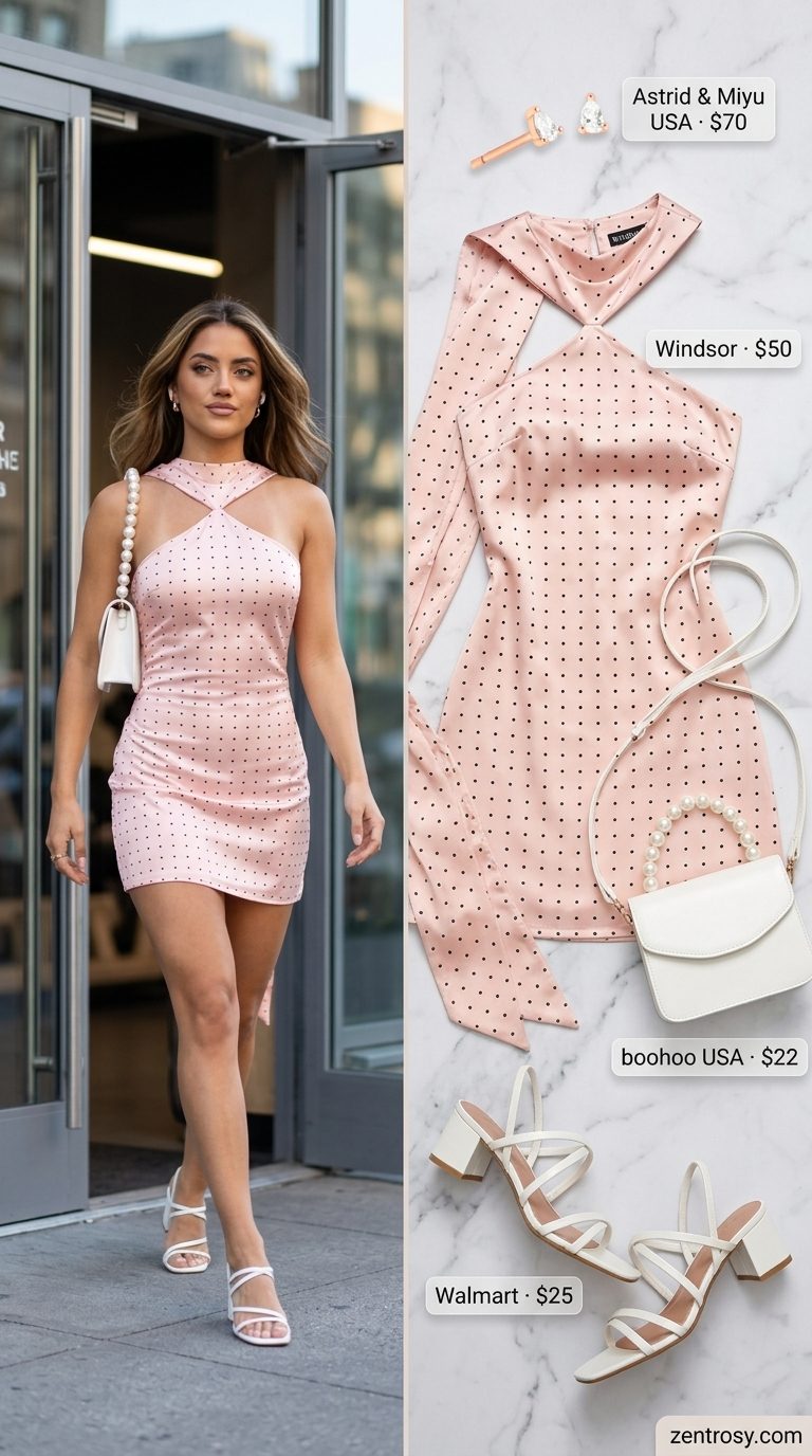 Cute Summer Polka Dots Outfits 2026: Date Night Dress Cute summer polka dots outfits for women 2026: Blush pink polka dot satin mini dress for a romantic date night.