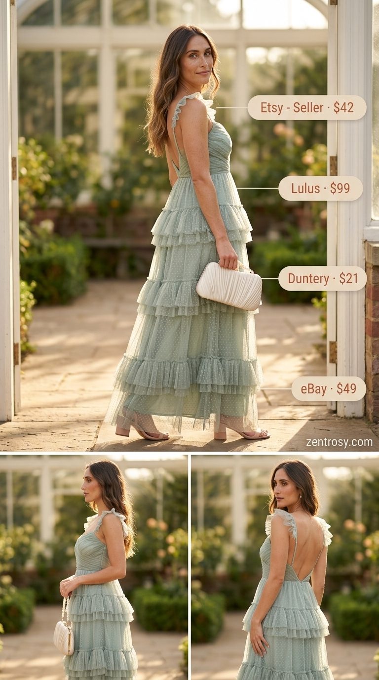 Cute Summer Polka Dots Outfits 2026: Garden Party Dress Cute summer polka dots outfits for women 2026: Sage green polka dot maxi dress for a garden party.