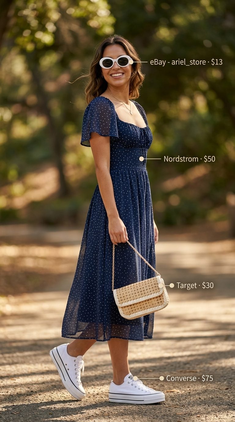 Cute Summer Polka Dots Outfits 2026: Picnic Dress Cute summer polka dots outfits for women 2026: Navy blue polka dot midi dress with puff sleeves for a summer picnic.