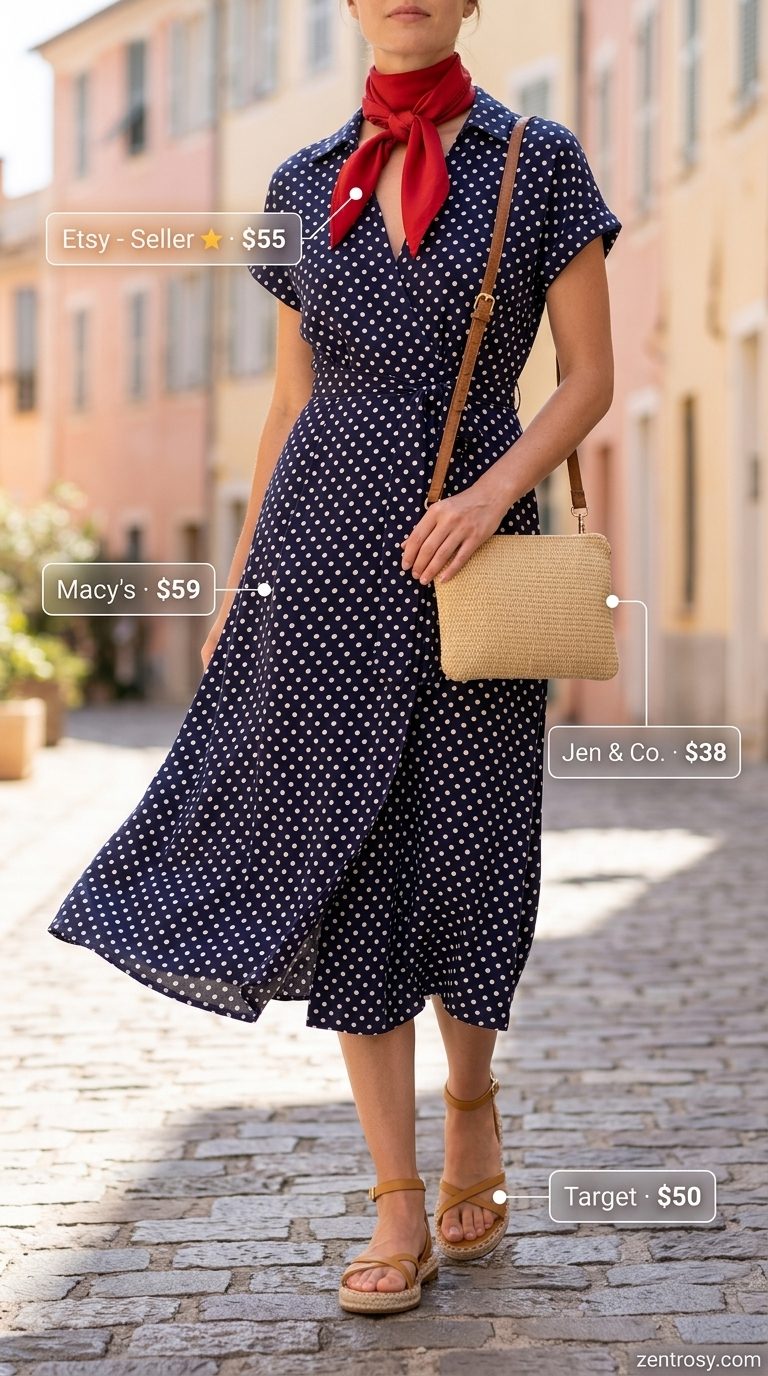Cute Summer Polka Dots Outfits 2026: French Riviera Dress Cute summer polka dots outfit for women 2026: Navy polka dot midi dress, espadrilles, and straw bag for French Riviera charm.