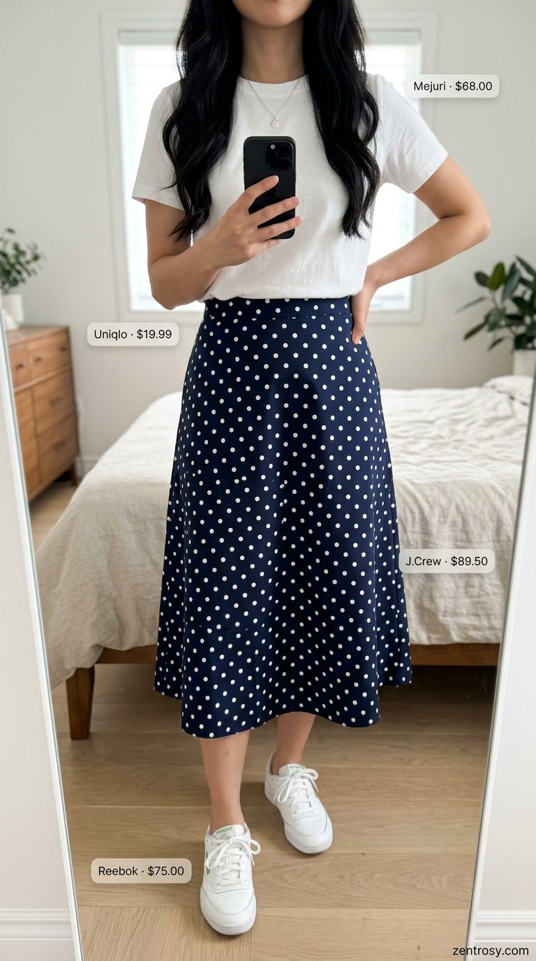 Cute Summer Polka Dots Outfits 2026: Urban Explorer Pants Cute summer polka dots outfit for women 2026: Navy polka dot pants, white tank, sneakers, and crossbody bag for urban exploration.