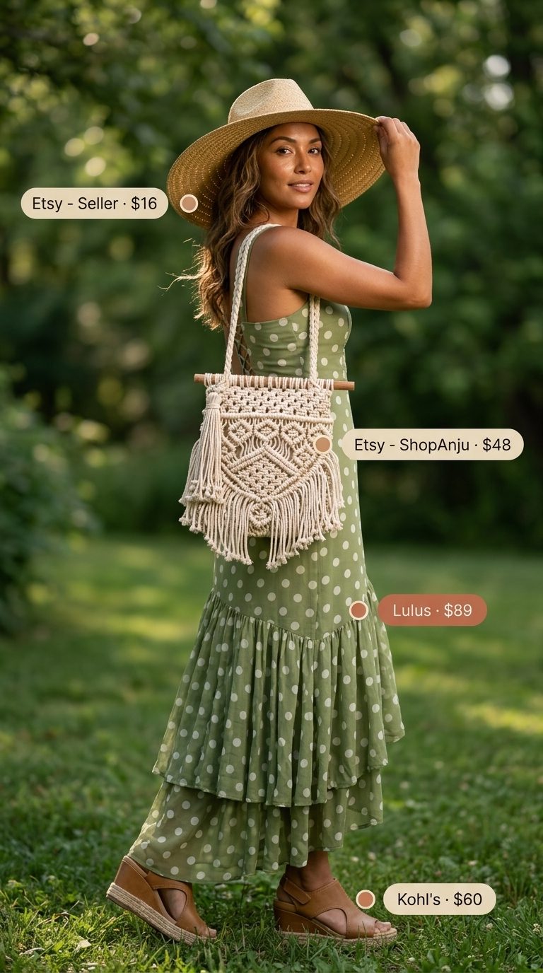 Cute Summer Polka Dots Outfits 2026: Garden Party Dress Cute summer polka dots outfits for women 2026: Olive green polka dot maxi dress for a boho garden party.