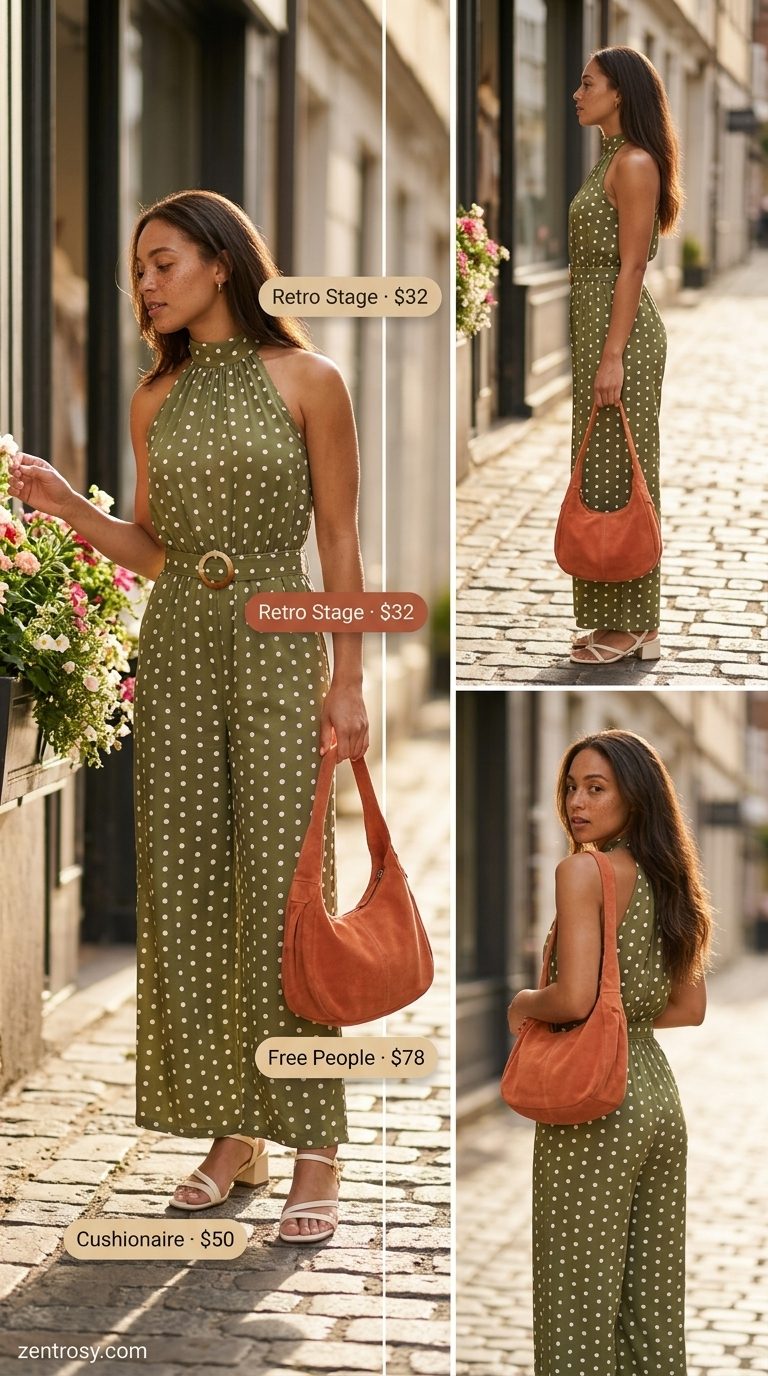 Cute Summer Polka Dots Outfits 2026: City Jumpsuit Style Cute summer polka dots outfit for women 2026: Olive green jumpsuit with cream polka dots, block heels, and orange bag for city strolls.