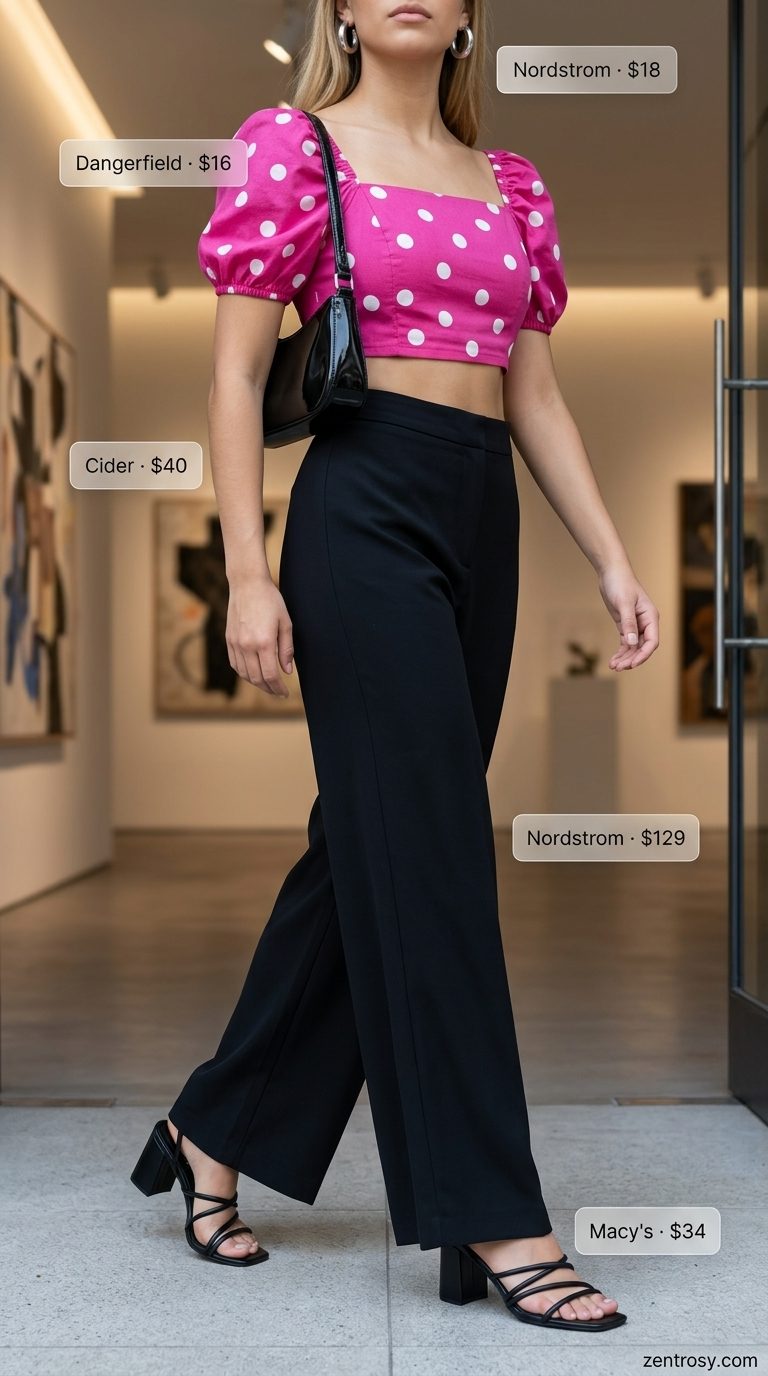 Cute Summer Polka Dots Outfits 2026: Gallery Top Cute summer polka dots outfits for women 2026: Fuchsia polka dot crop top with wide-leg trousers for art gallery.
