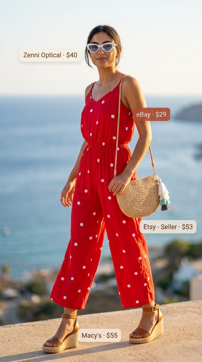 Cute Summer Polka Dots Outfits 2026: Riviera Jumpsuit Cute summer polka dots outfit for women 2026: Red wide-leg jumpsuit with white polka dots, straw bag, espadrilles for resort wear.