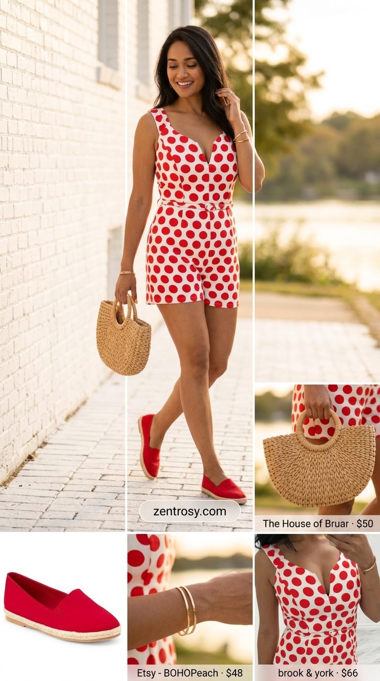 Cute Summer Polka Dots Outfits 2026: Lakeside Getaway Romper Cute summer polka dots outfit for women 2026: White romper with red polka dots, espadrilles, and woven basket bag for a lakeside getaway.